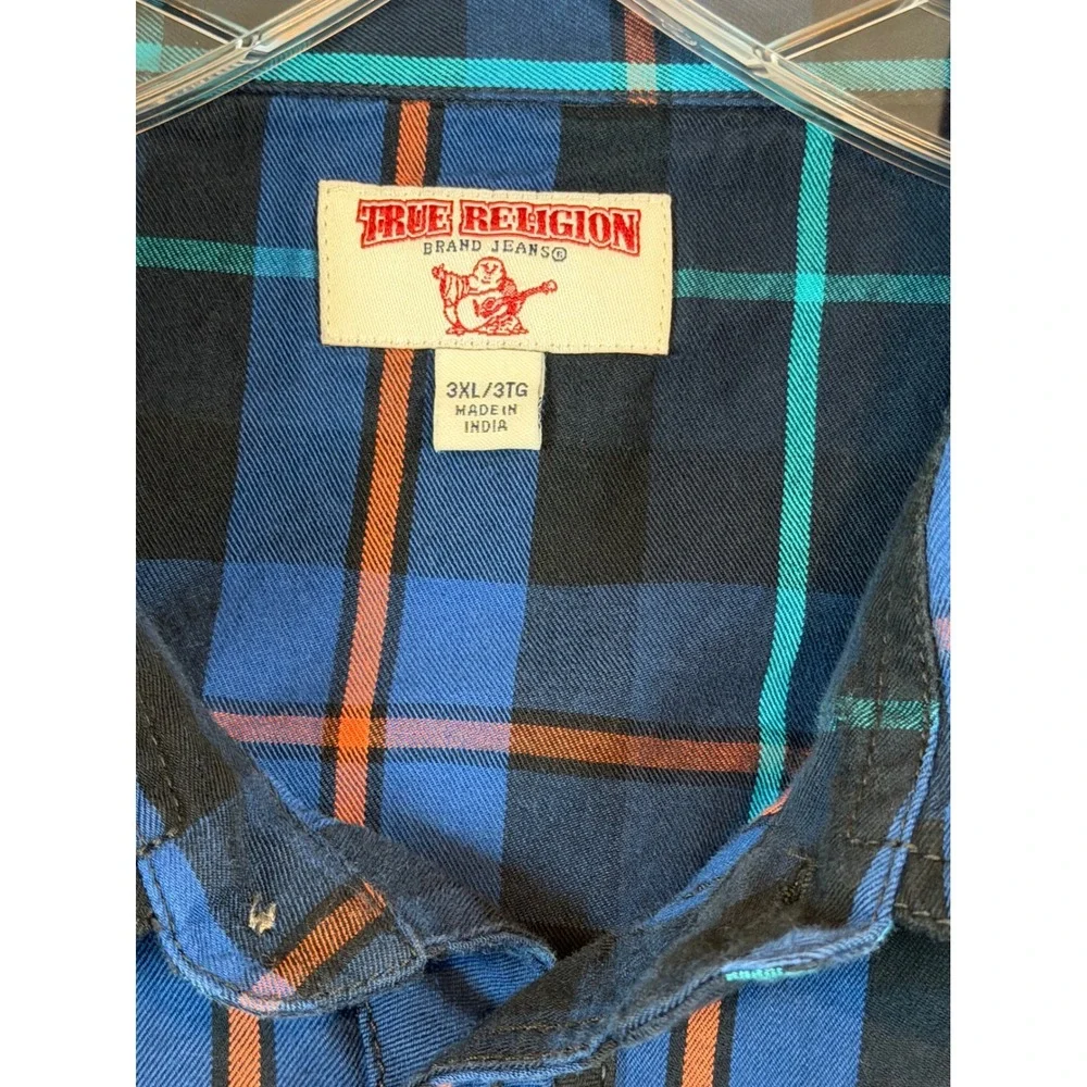True Religion Mens 3XL Blue Orange Plaid Western Button Down Horseshoe Shirt Y2K